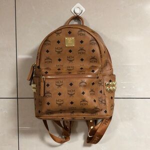 MCM Stark Visetos Monogram Backpack with Side Studs Cognac Brown Medium